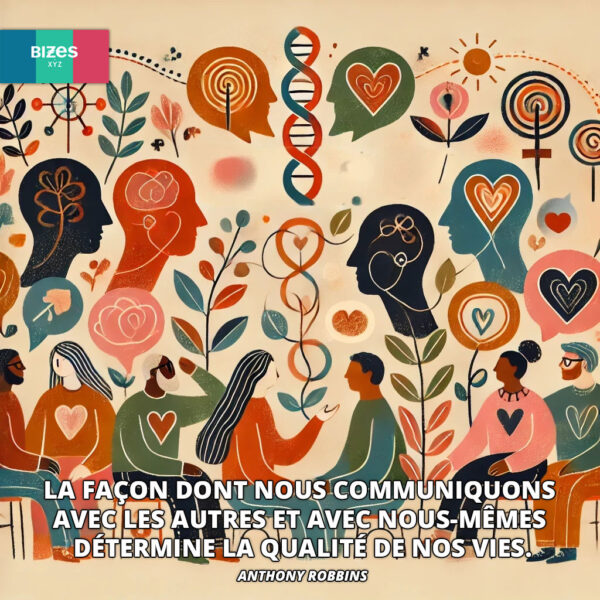 Arrière-plan illustrant la communication authentique et la croissance personnelle, inspiré par la citation de Tony Robbins